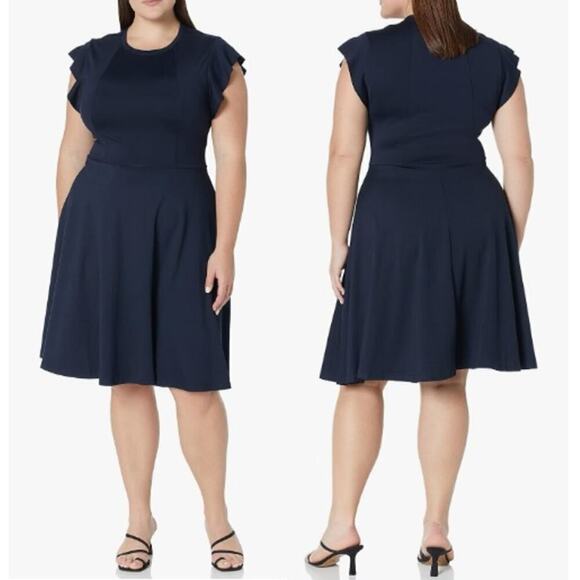 City Chic Aubree Frill Shoulder Fit & Flare Dress Navy Womens Plus Size 16 NWT - Picture 1 of 9